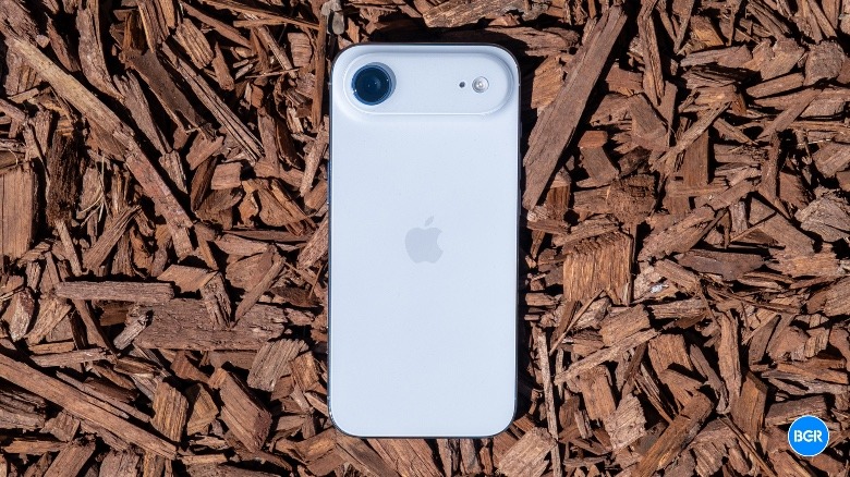 Back of the iPhone Air on wood chips