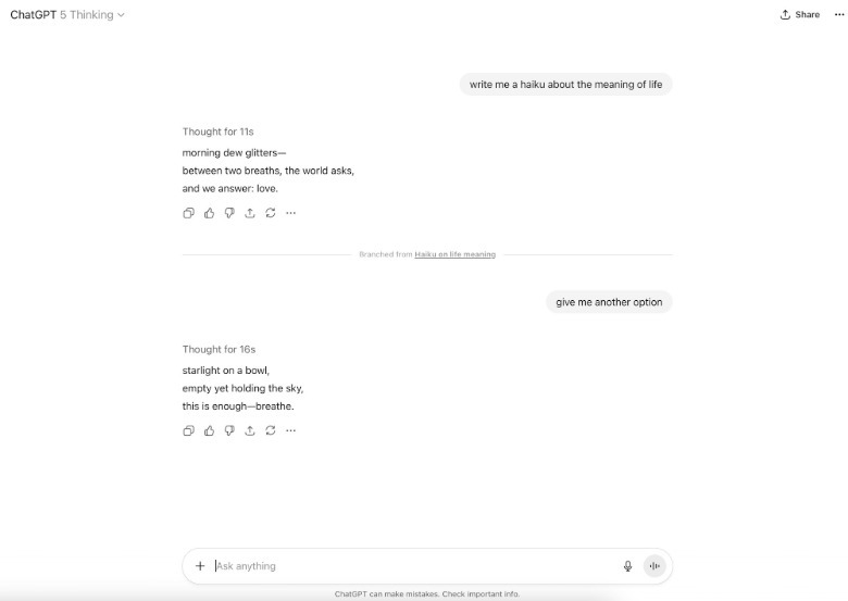 An example of a branched ChatGPT conversation.