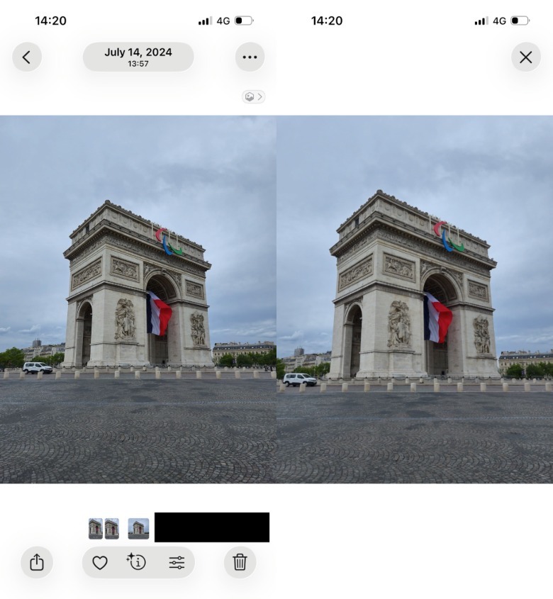 Creating a Spatial Scene (left) and the result (right) in iOS 26 on iPhone.