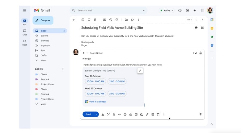 Help me choose button: Gemini's Calendar suggestions in the Gmail app.