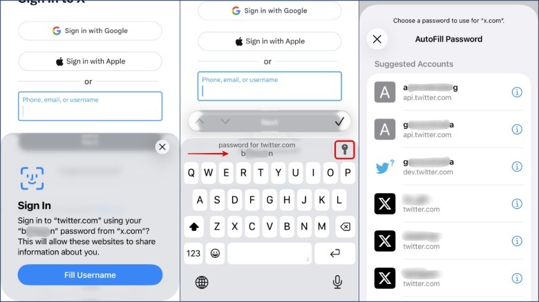 A collage of screenshots showing password autofill process on an iPhone