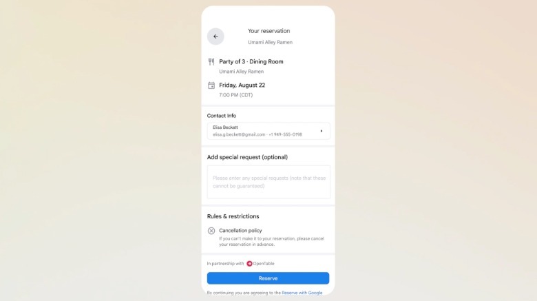 The final step in making a dinner reservation with AI Mode.