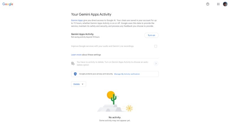 La sección de actividades de su aplicación Gemini en la configuración de la cuenta de Google.